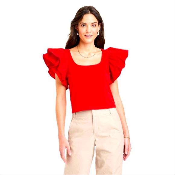 Forever New Tops - NWT Sz Small  Double Flutter Short Sleeve Slim
Fit Top in Red 😍